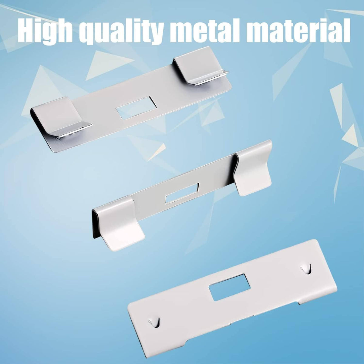 Set of white metal vertical blind repair brackets with notch and mounting slots