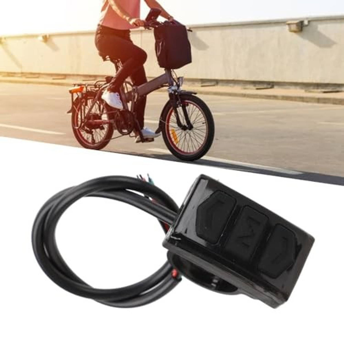 Black e-bike display switch control box with button panel and coiled cable