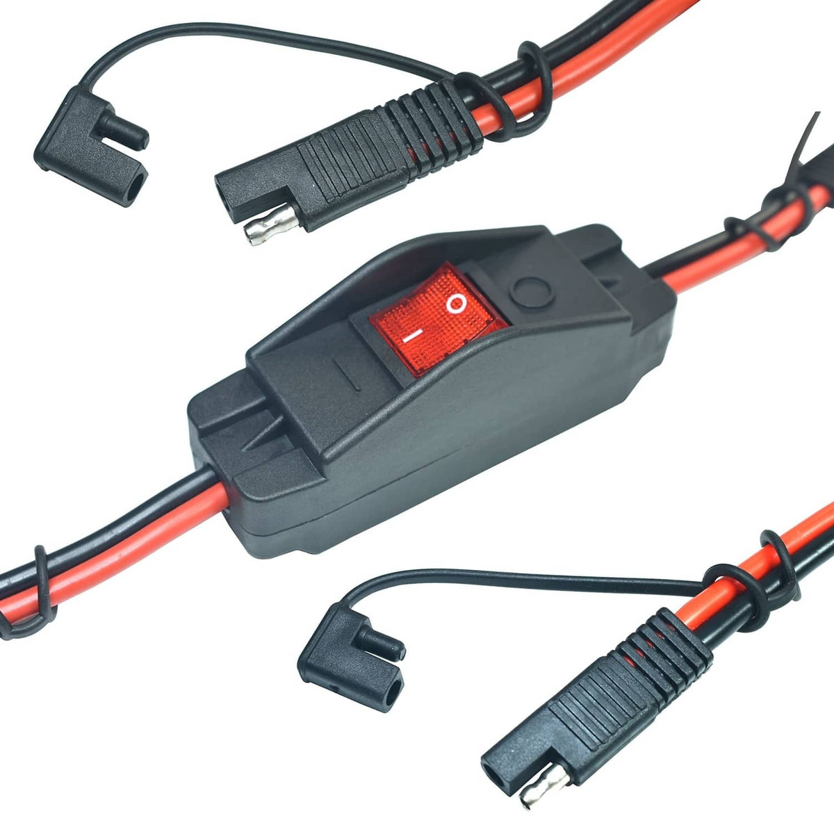 DC power converter cable with on/off switch and red indicator light, black housing