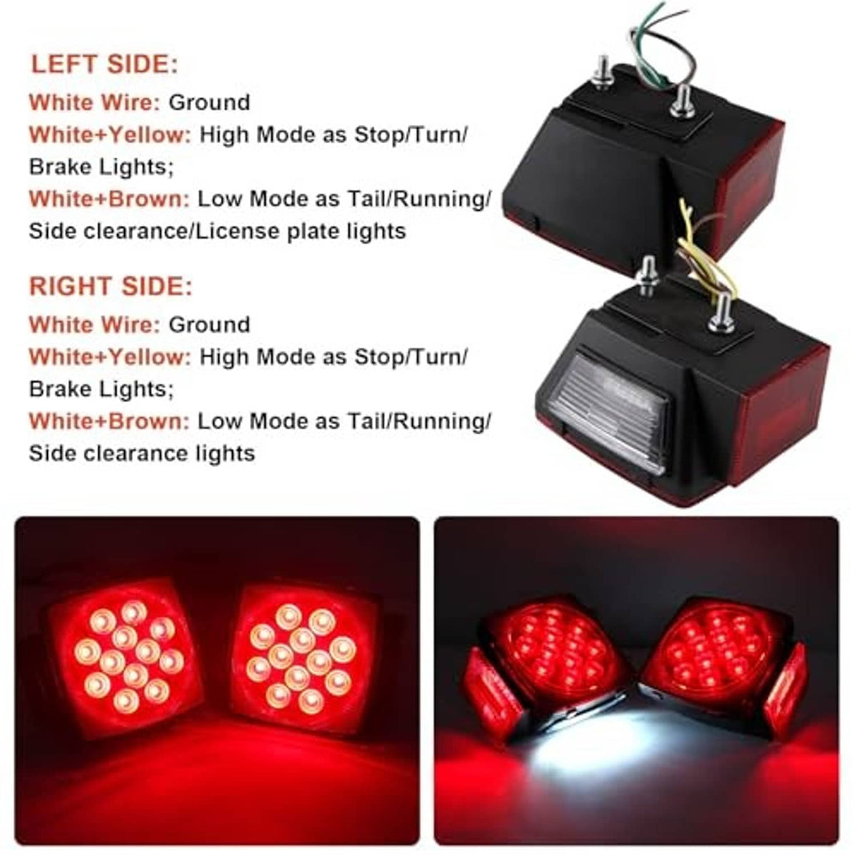 Pair of square red LED trailer lights with attached wiring leads and glowing lamp view