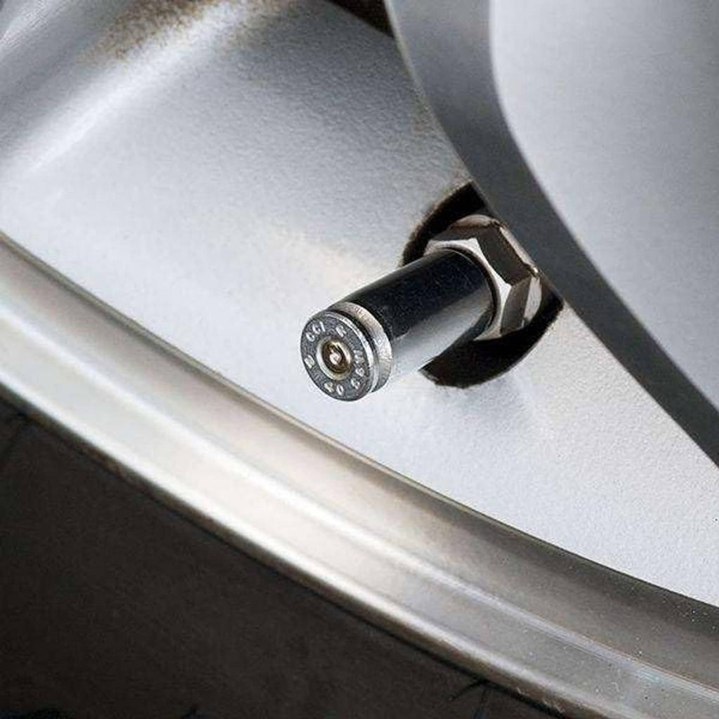 Bullet tire valve stem cap, nickel metal shell with black inner insert