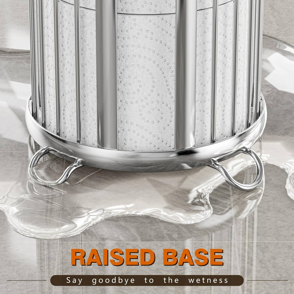 Freestanding silver toilet paper holder stand with raised circular base and vertical bars