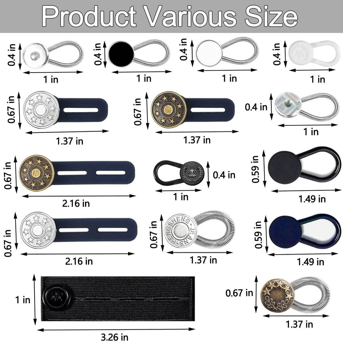 Size chart for elastic waist extender buttons set with clip and spring measurements
