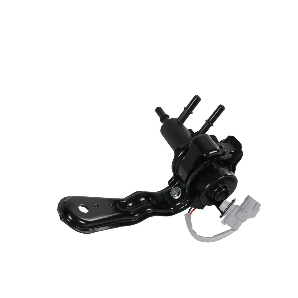 Black fuel tank valve assembly with curved bracket, push-fit hoses, and connectors