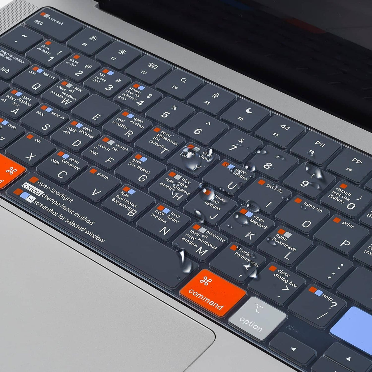Dark silicone keyboard cover with orange command and blue shortcut keys