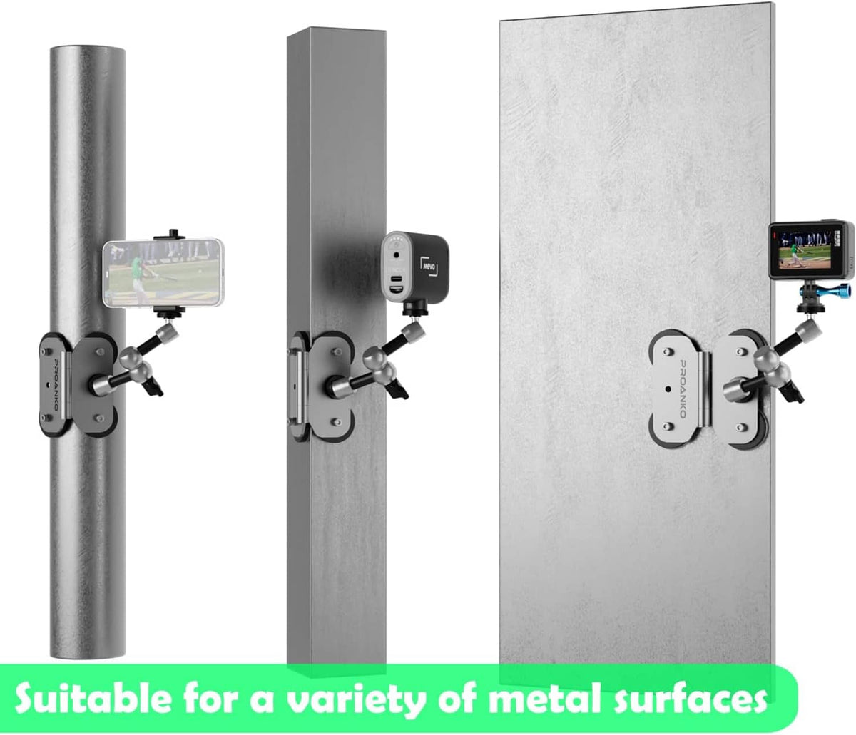 Magnetic phone fence mount set with shade, shown on different metal surfaces