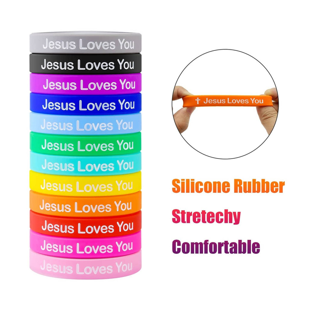 Assorted silicone rubber wristbands, stretchy, with “Jesus Loves You” and cross text