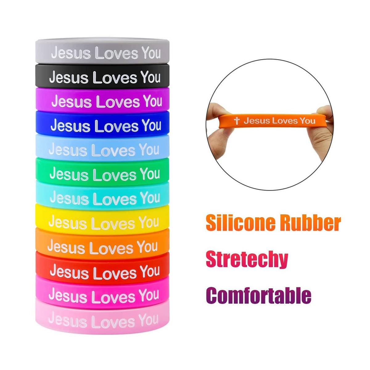 Assorted silicone rubber wristbands, stretchy, with “Jesus Loves You” and cross text