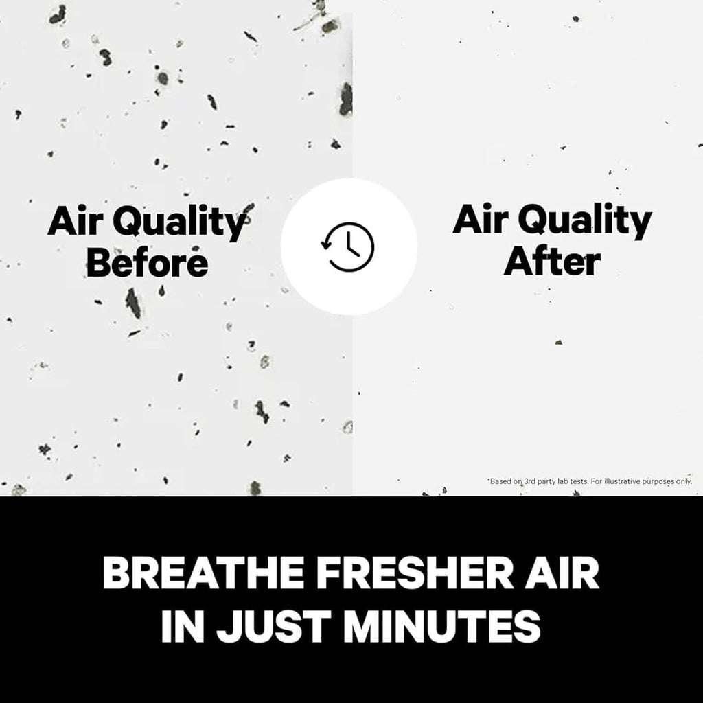 Air quality before and after graphic with purifier airflow effect