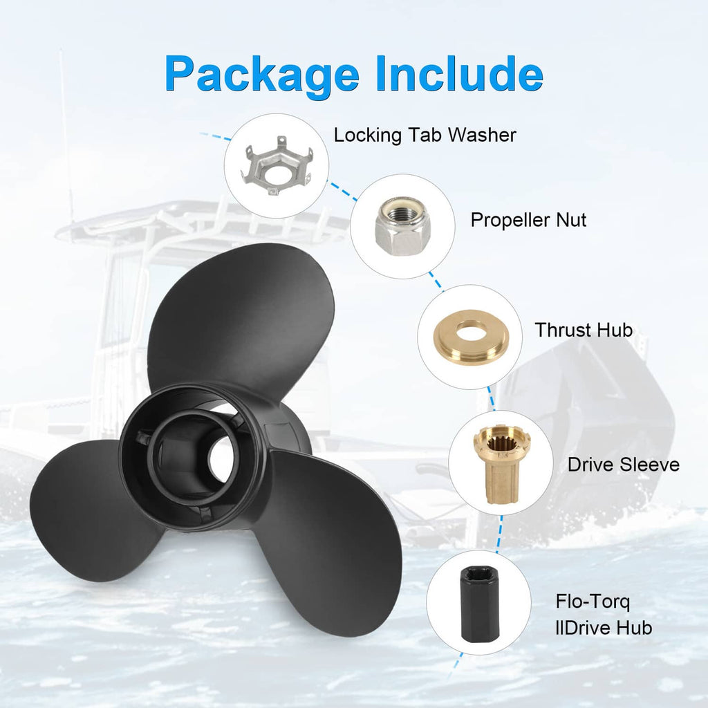 Black three-blade outboard propeller with included hardware parts