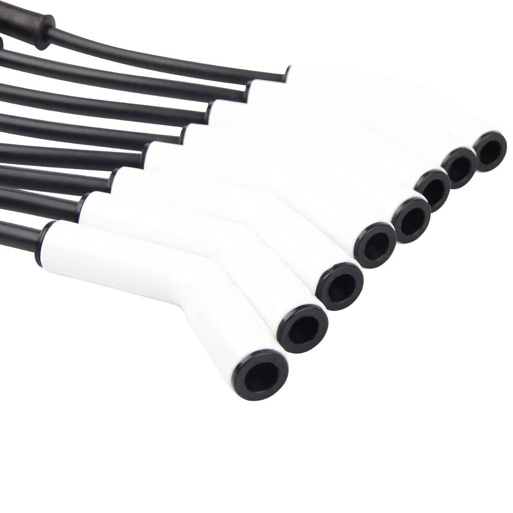Spark plug wire set with white ceramic boots and black wire ends, six connectors