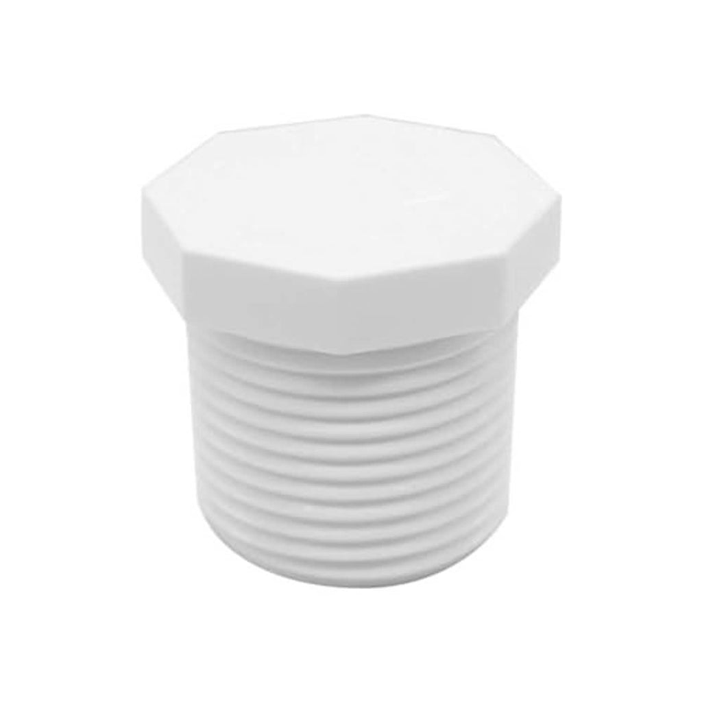 White PVC male threaded end cap plug with hex head and ribbed thread section