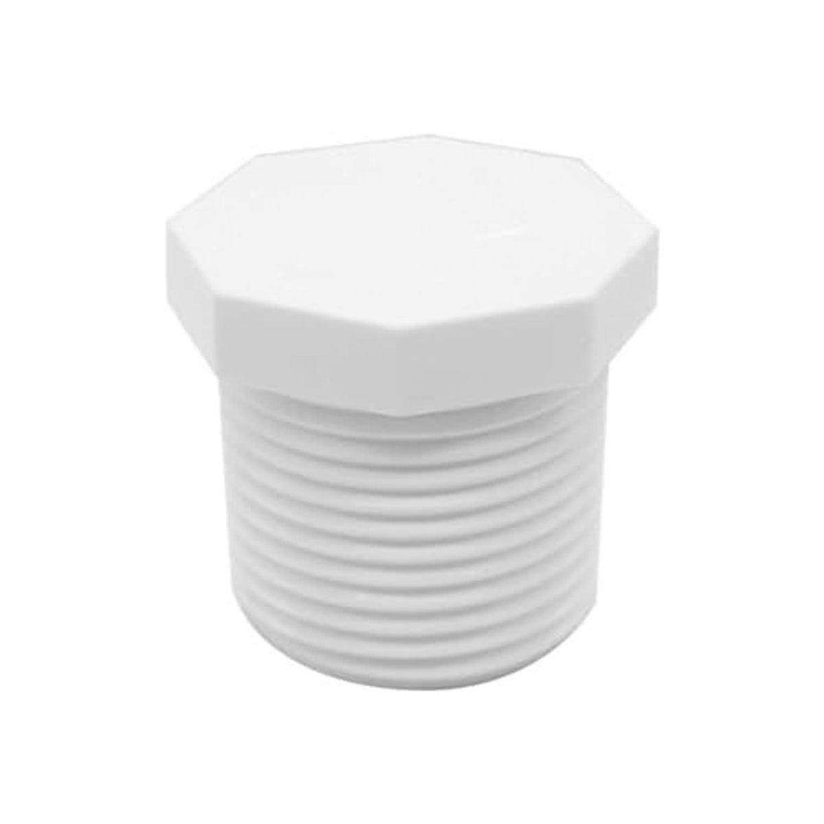 White PVC male threaded end cap plug with hex head and ribbed thread section