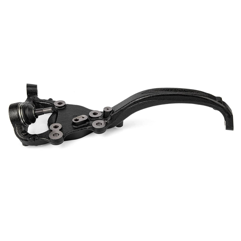 Front right steering knuckle with black curved arm and threaded stud, cast steel