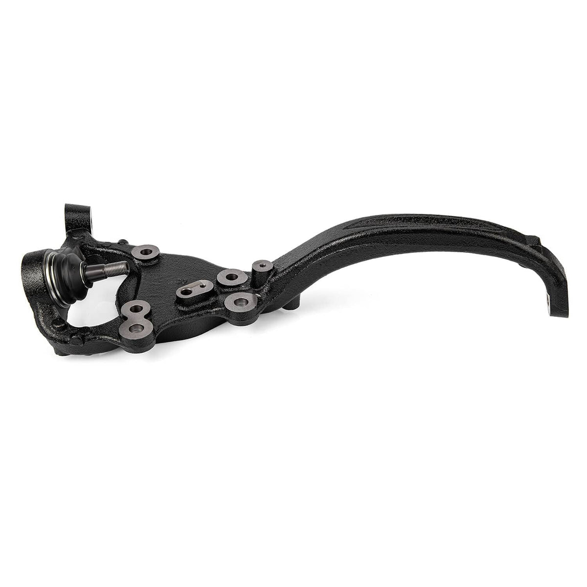 Front right steering knuckle with black curved arm and threaded stud, cast steel