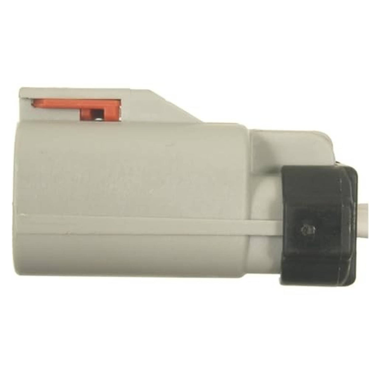 Side view of gray wiring harness connector with black end cap and red latch window