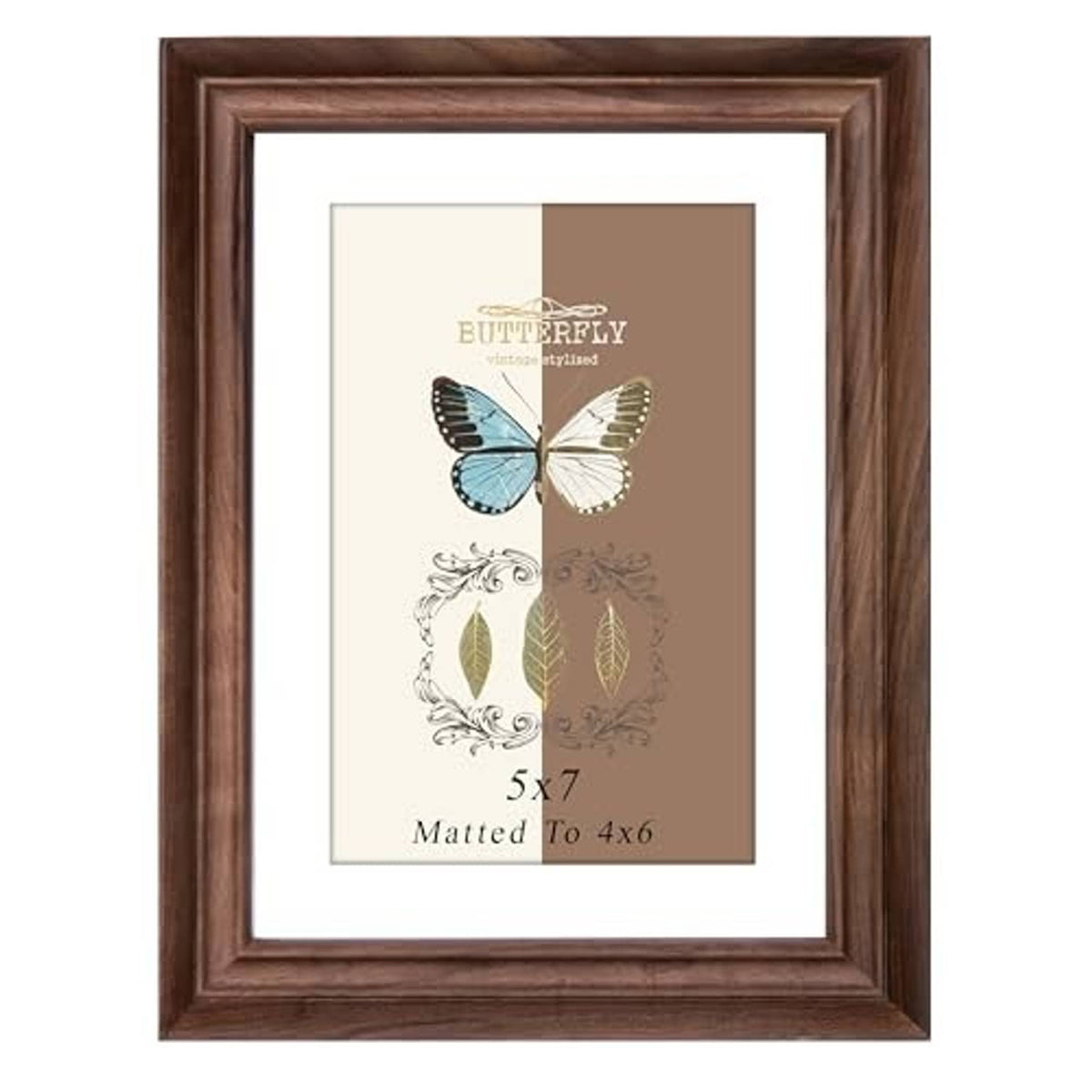 Natural walnut wood picture frame with glass-front opening, displaying butterfly artwork