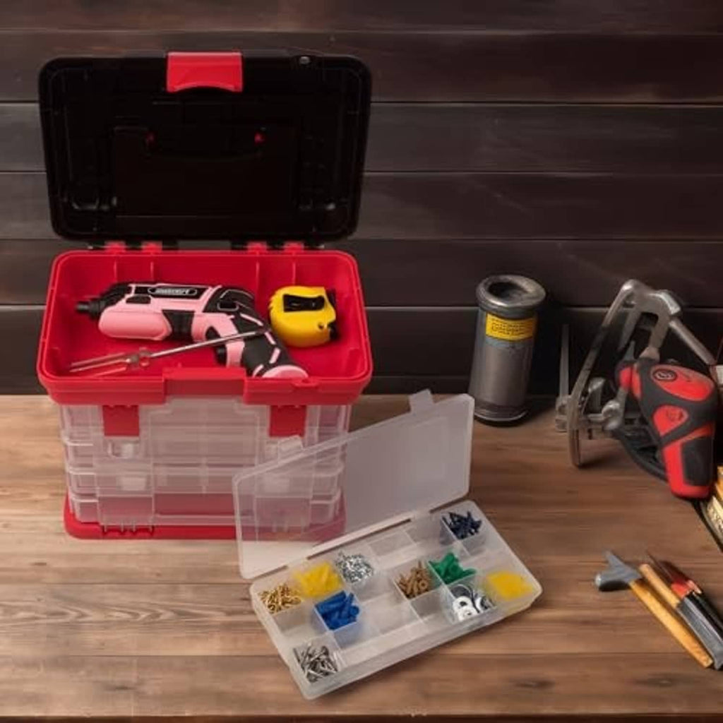 Red tool box open with clear drawers and interior dividers for small hardware