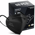 Black KN95 face mask with elastic loops, shown with 60-count pack box