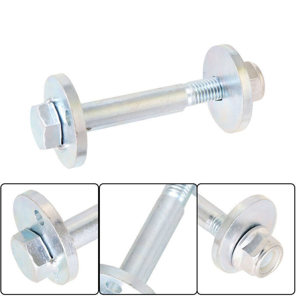 Front control arm cam bolt hardware kit: bolt with two flange washers and threaded end