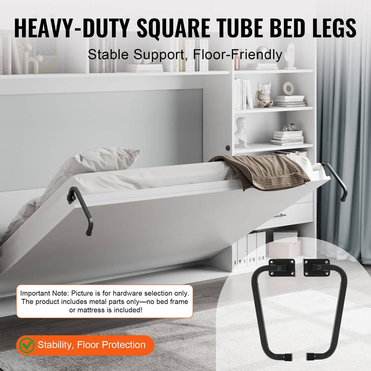 Heavy-duty square tube bed legs with Murphy bed frame and floor-protection handles