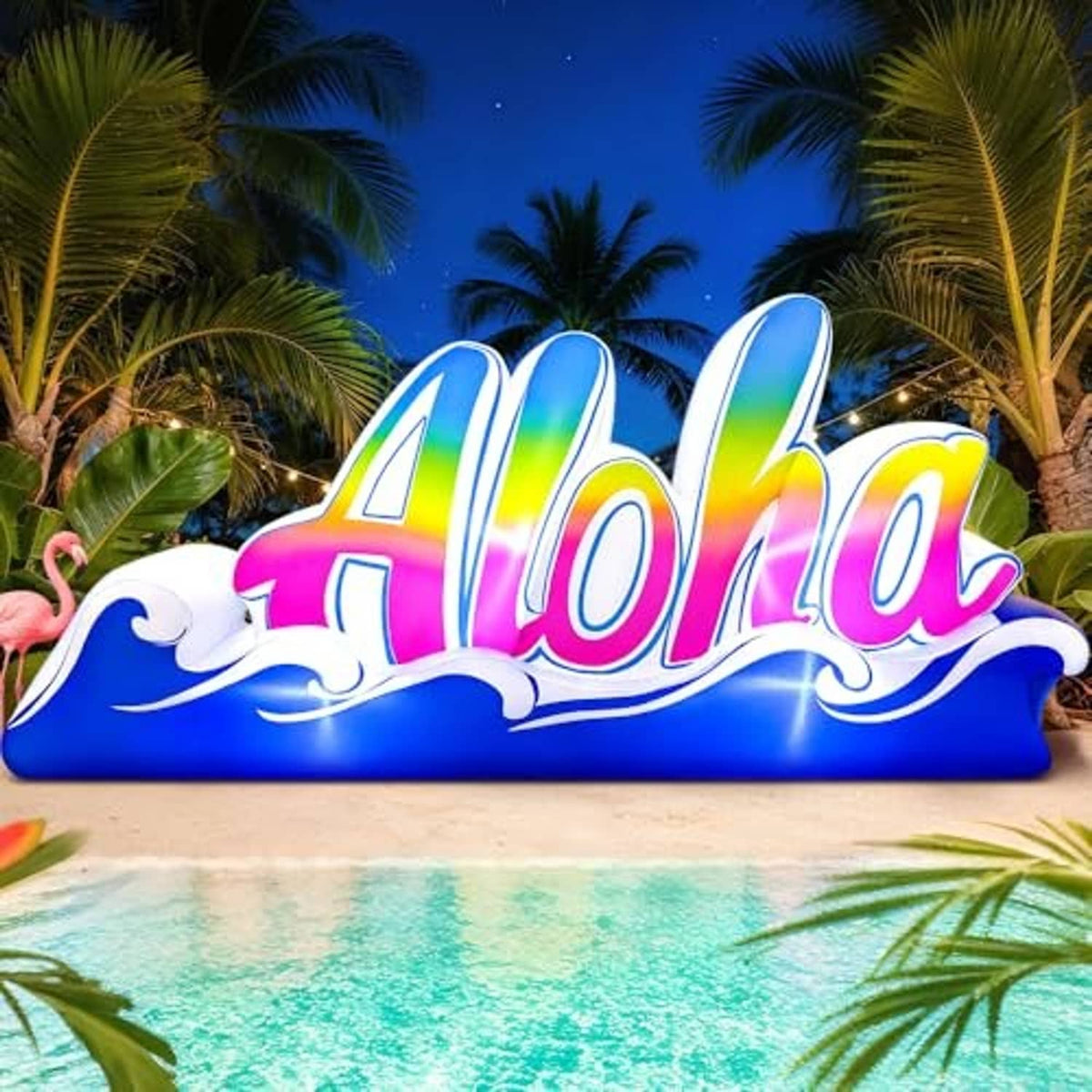 Inflatable Aloha banner sign with bright blue base and white-blue wave border