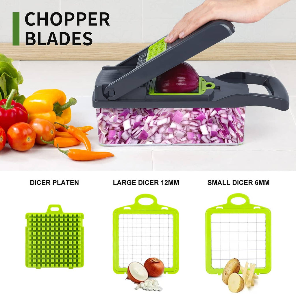 Gray vegetable chopper slicer with large dicer plates and green blade platform.