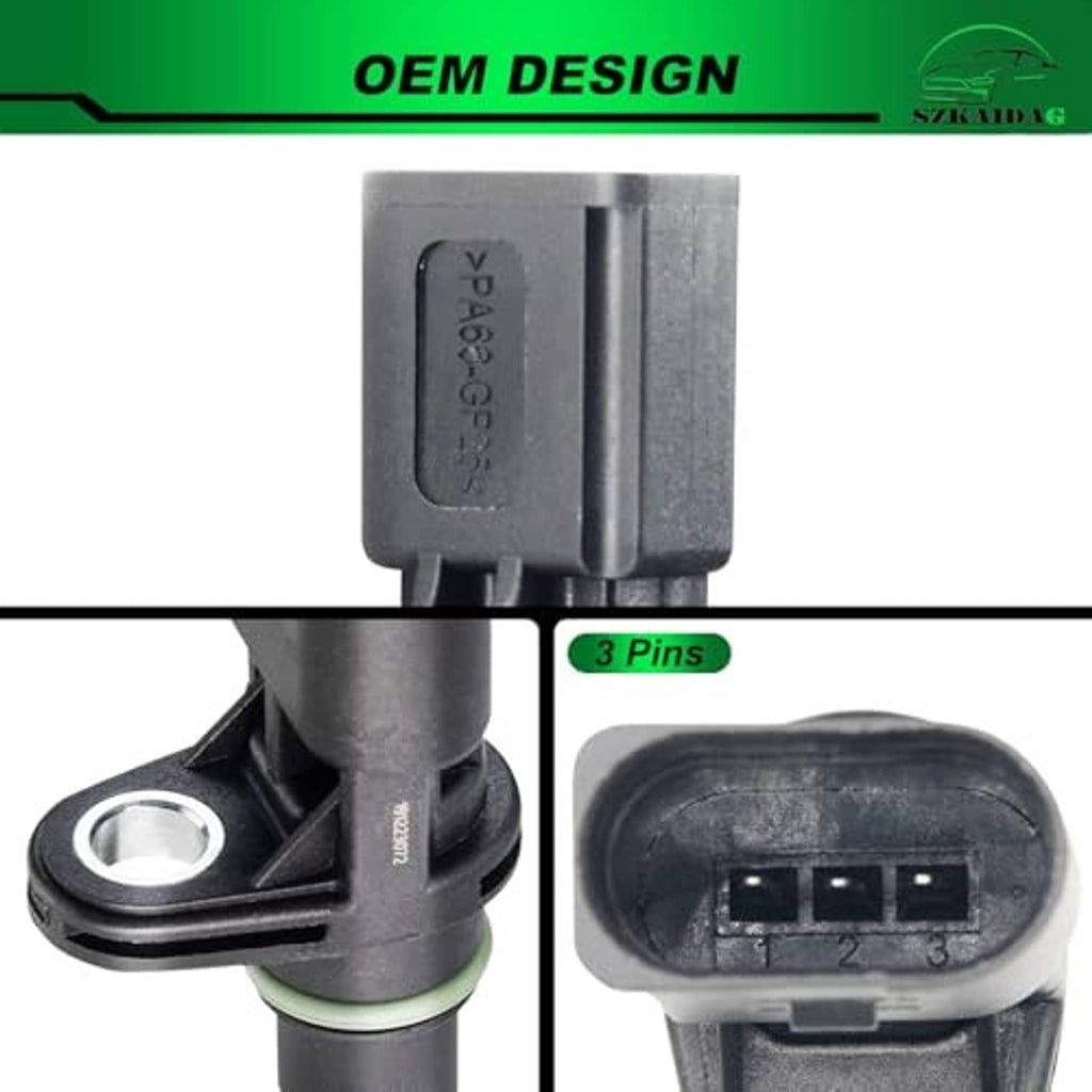 Camshaft position sensor close-up showing 3-pin connector and mounting bracket