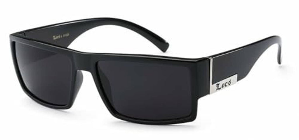Black flat-top sunglasses with dark rectangular lenses and silver temple accents