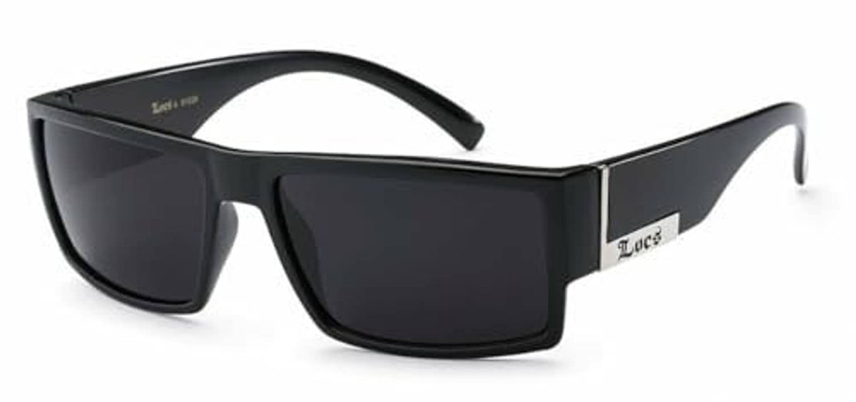 Black flat-top sunglasses with dark rectangular lenses and silver temple accents