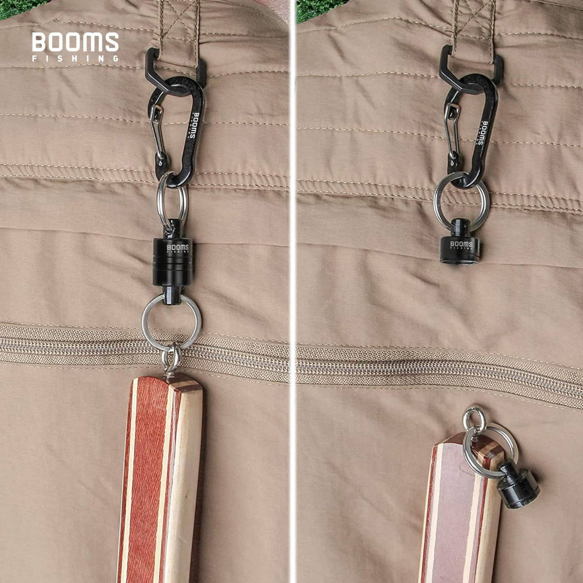 Magnetic net release holder clipped to beige bag with carabiner and metal ring
