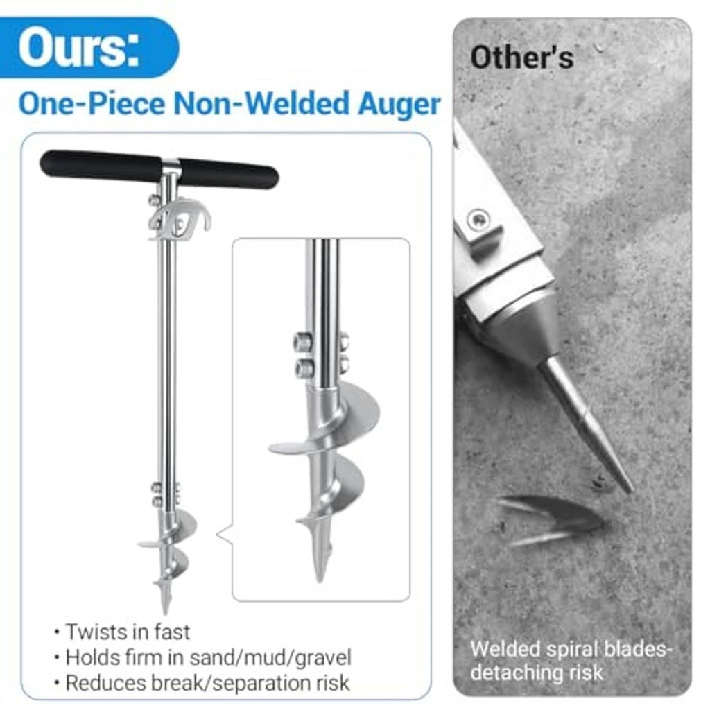 Auger-style screw-in boat anchor with black T-handle and spiral blades