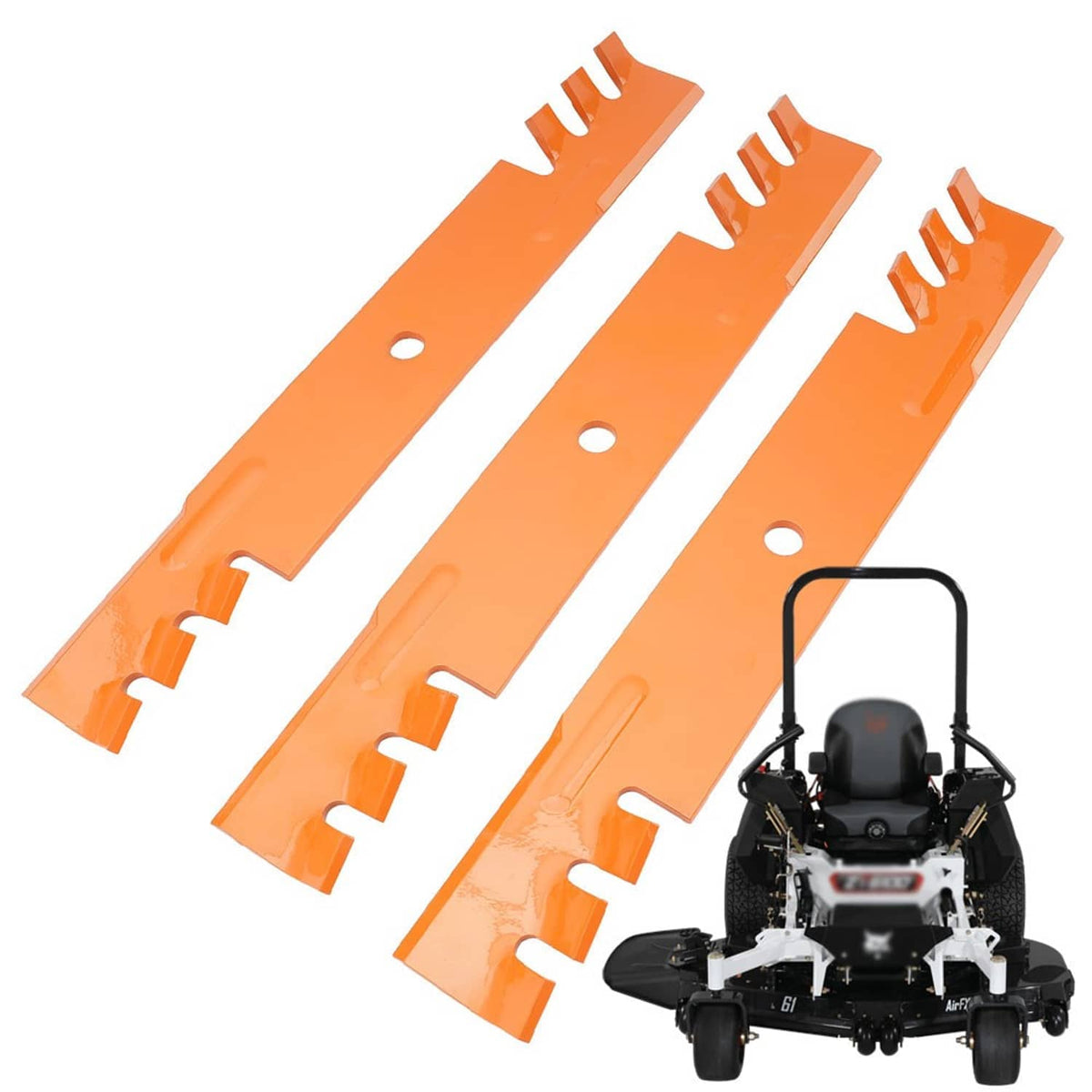 52-inch deck mower blades, 3-pack, orange steel replacement blades with mounting holes