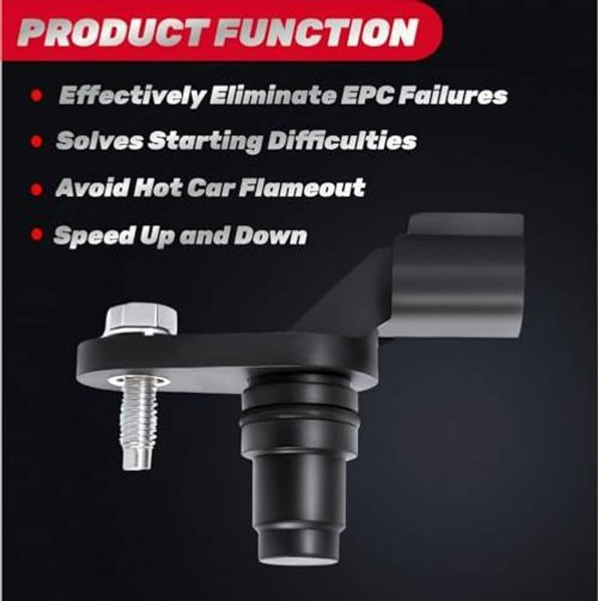 Camshaft position sensor function graphic with warning and performance benefit bullets
