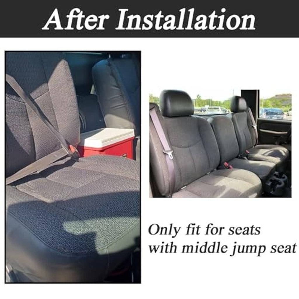 Dark gray cloth seat bottom cover after installation on front driver seat