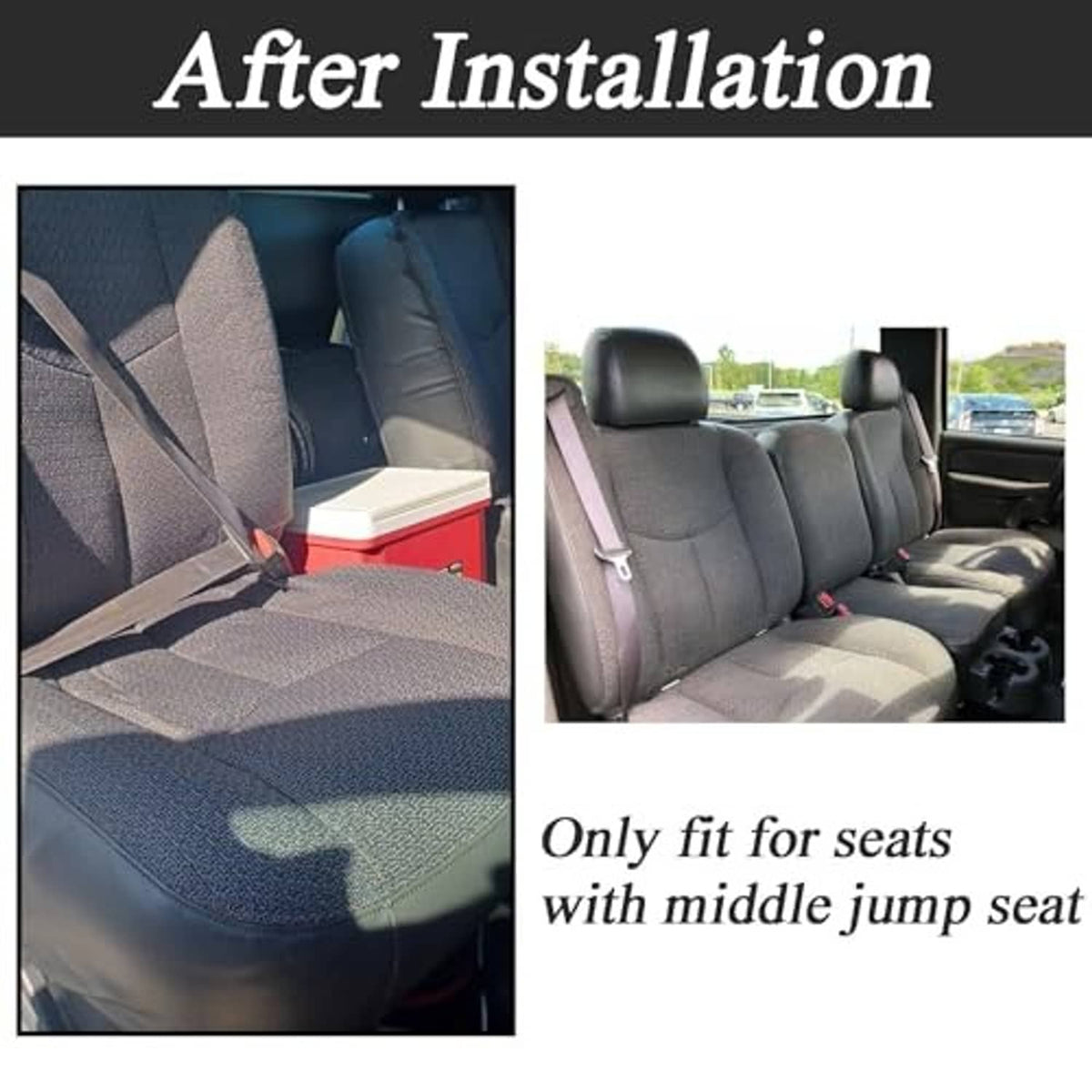 Dark gray cloth seat bottom cover after installation on front driver seat
