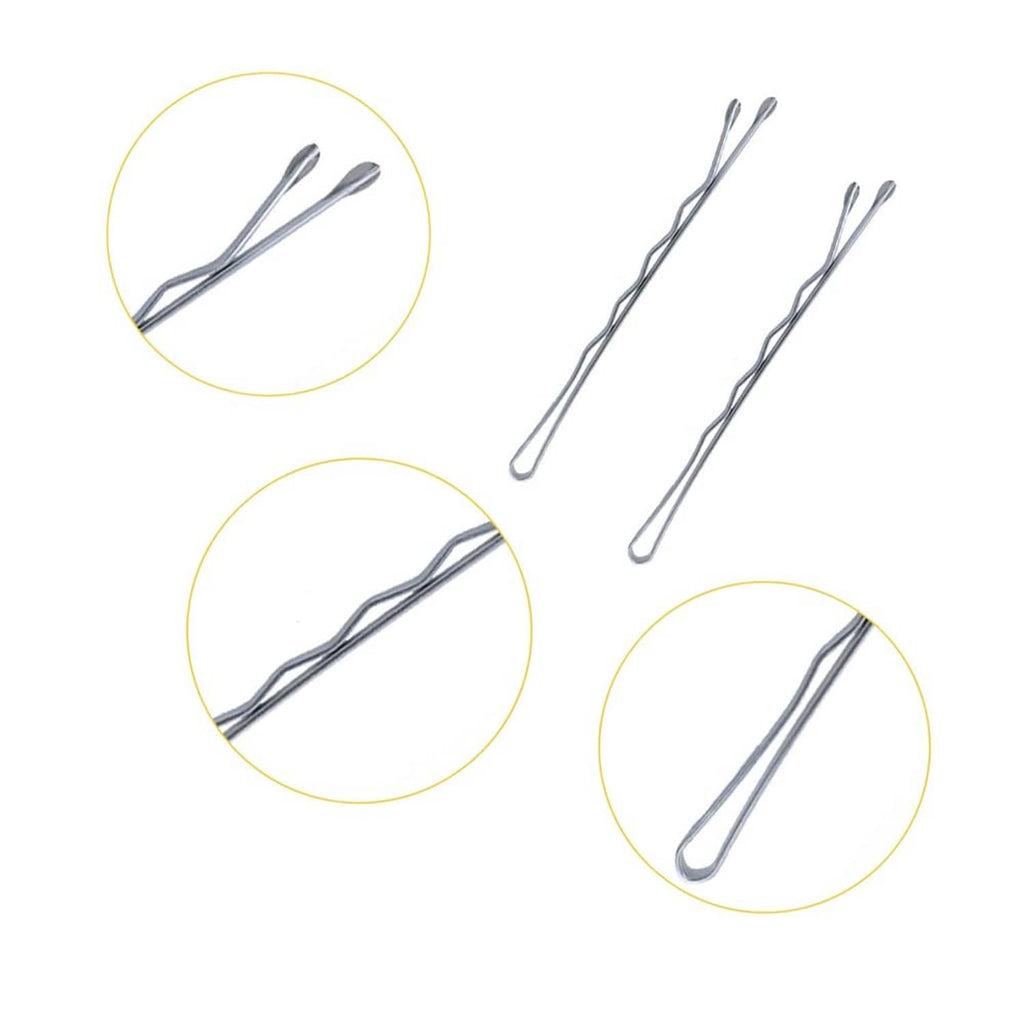 Close-up of silver bobby pins with wavy prongs