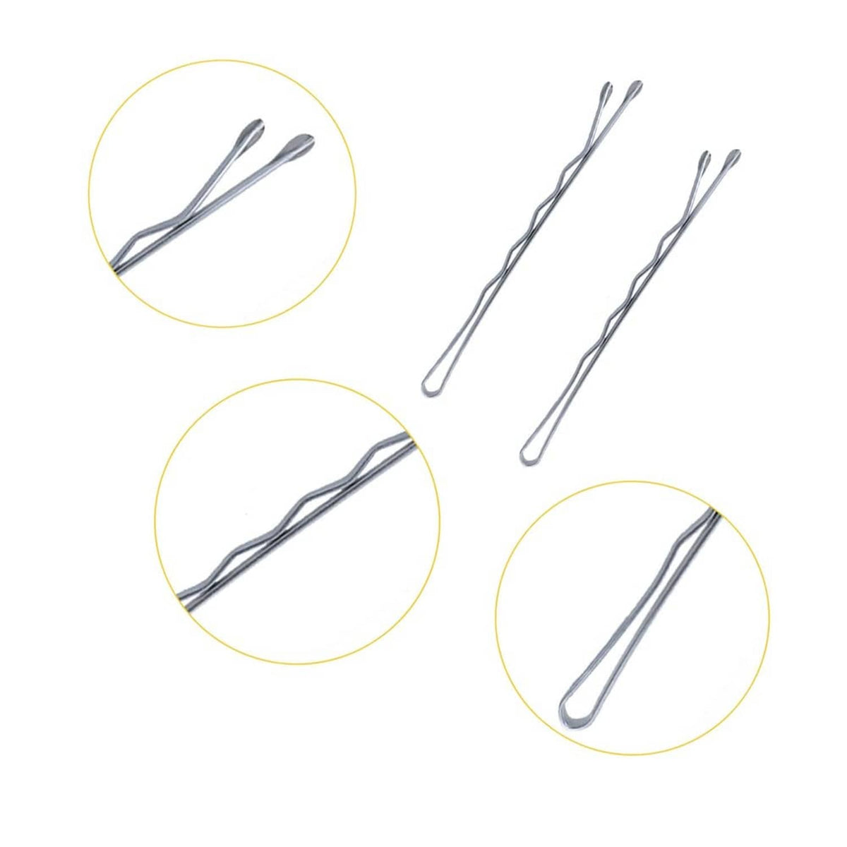 Close-up of silver bobby pins with wavy prongs