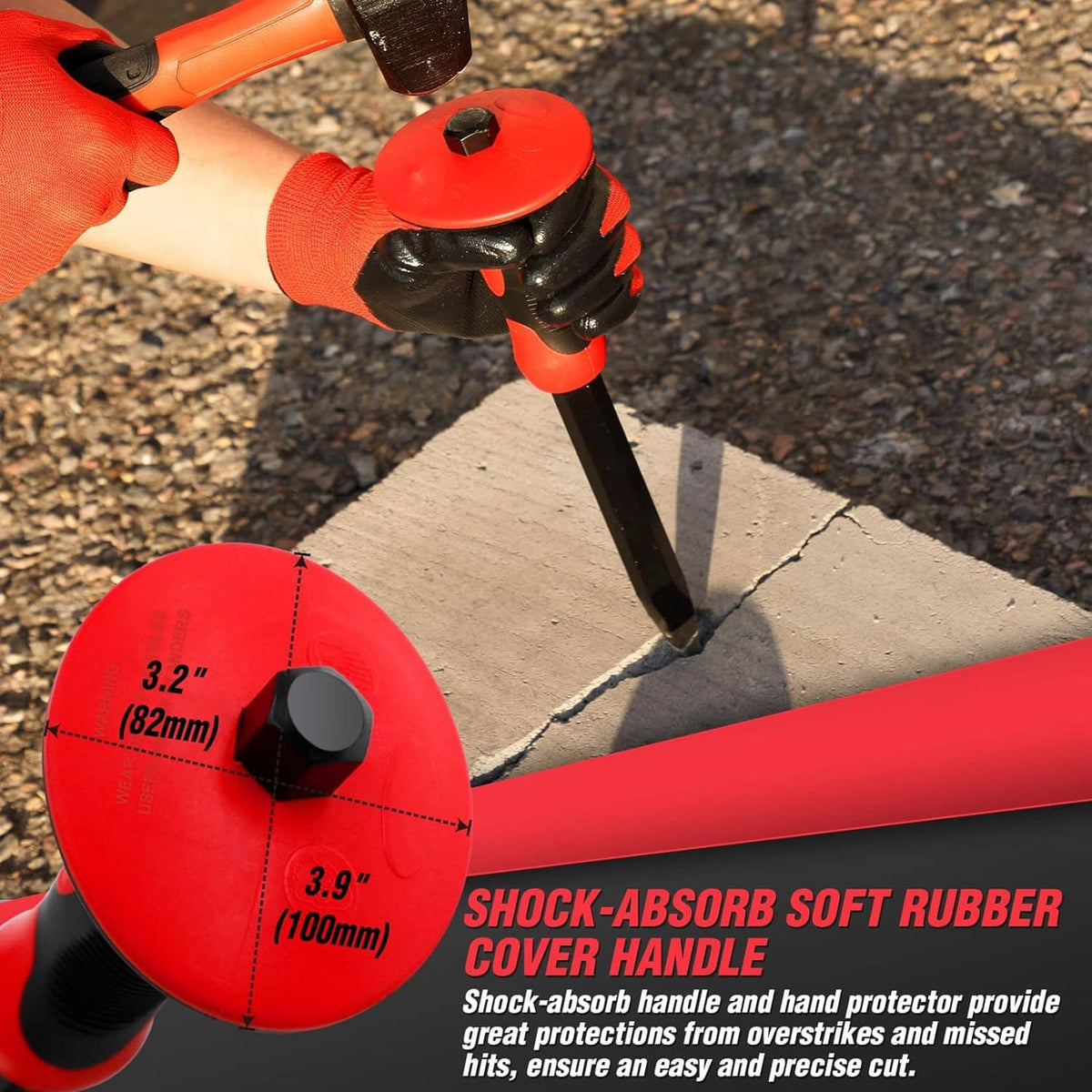 Masonry chisel showing shock-absorbing rubber handle cover, outdoors