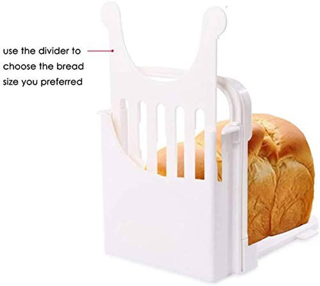 White bread slicer with internal divider panel for selecting bread size
