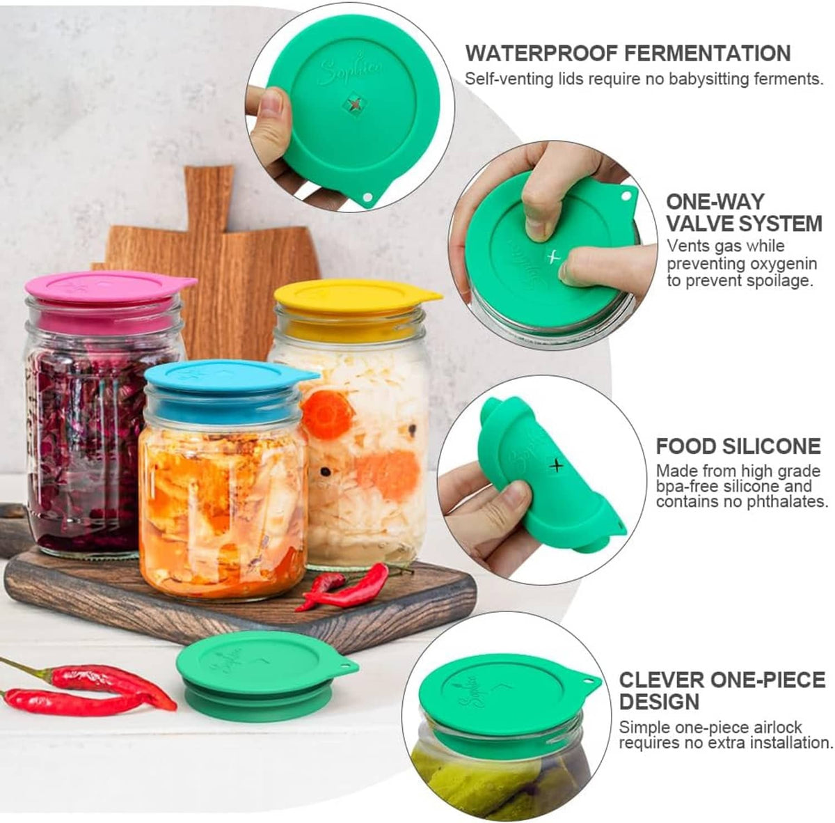 Silicone fermenting lids in green, pink, and yellow on mason jars with one-way valve.