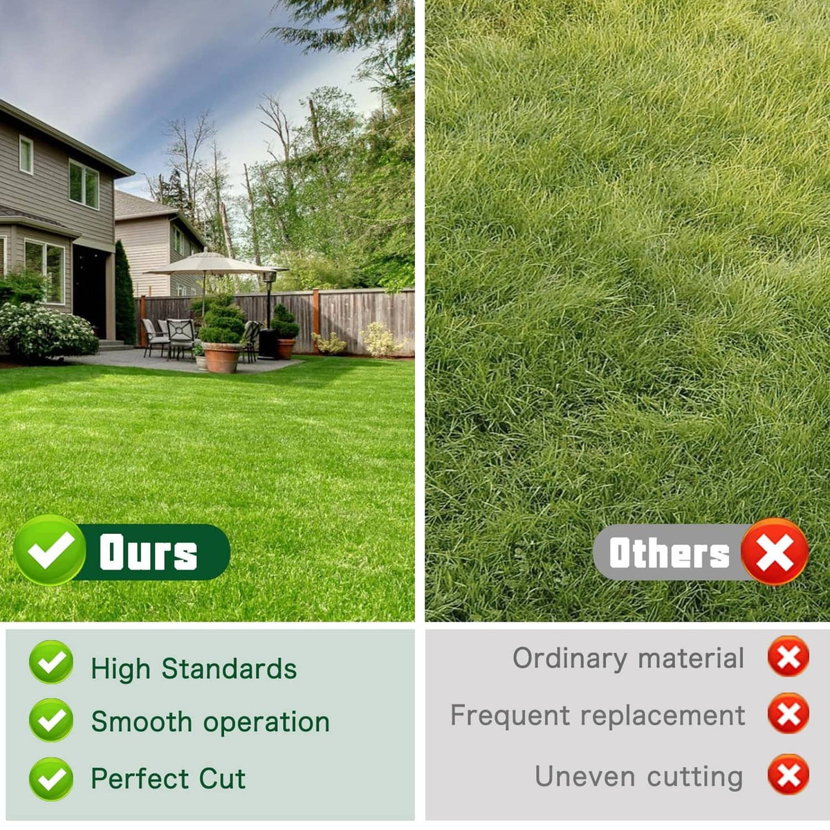 Lawn care comparison infographic with checkmarks for high standards and smooth operation