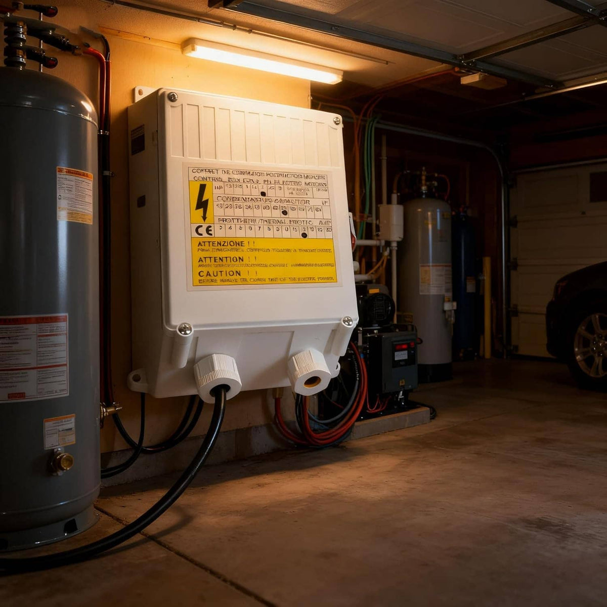 White submersible pump controller mounted in an indoor equipment area, with cables attached.