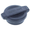 Engine coolant reservoir cap, dark blue plastic with molded grip and embossed lettering.