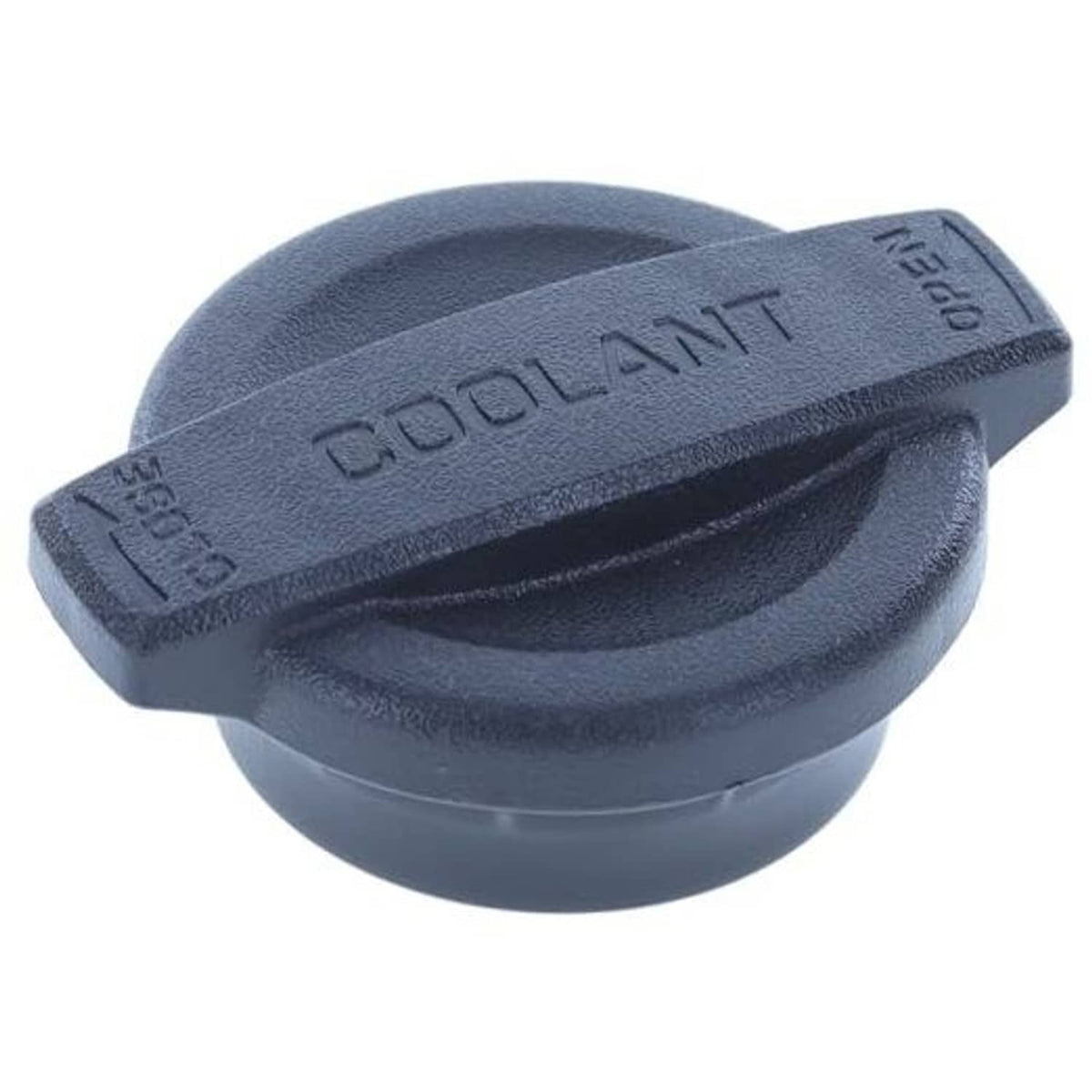 Engine coolant reservoir cap, dark blue plastic with molded grip and embossed lettering.