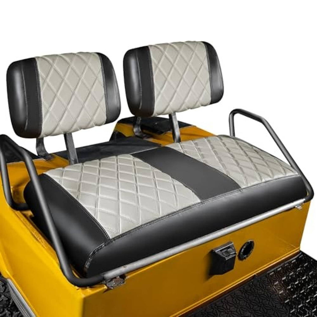 Gray and black golf cart seat cover set showing quilted seat and backrest design
