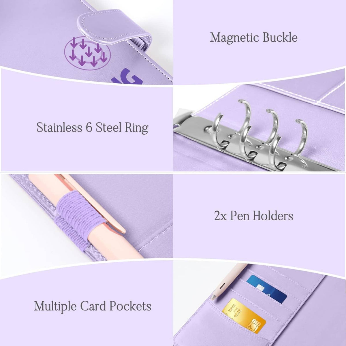 Purple binder details: magnetic buckle, stainless steel ring, pen holders, card pockets