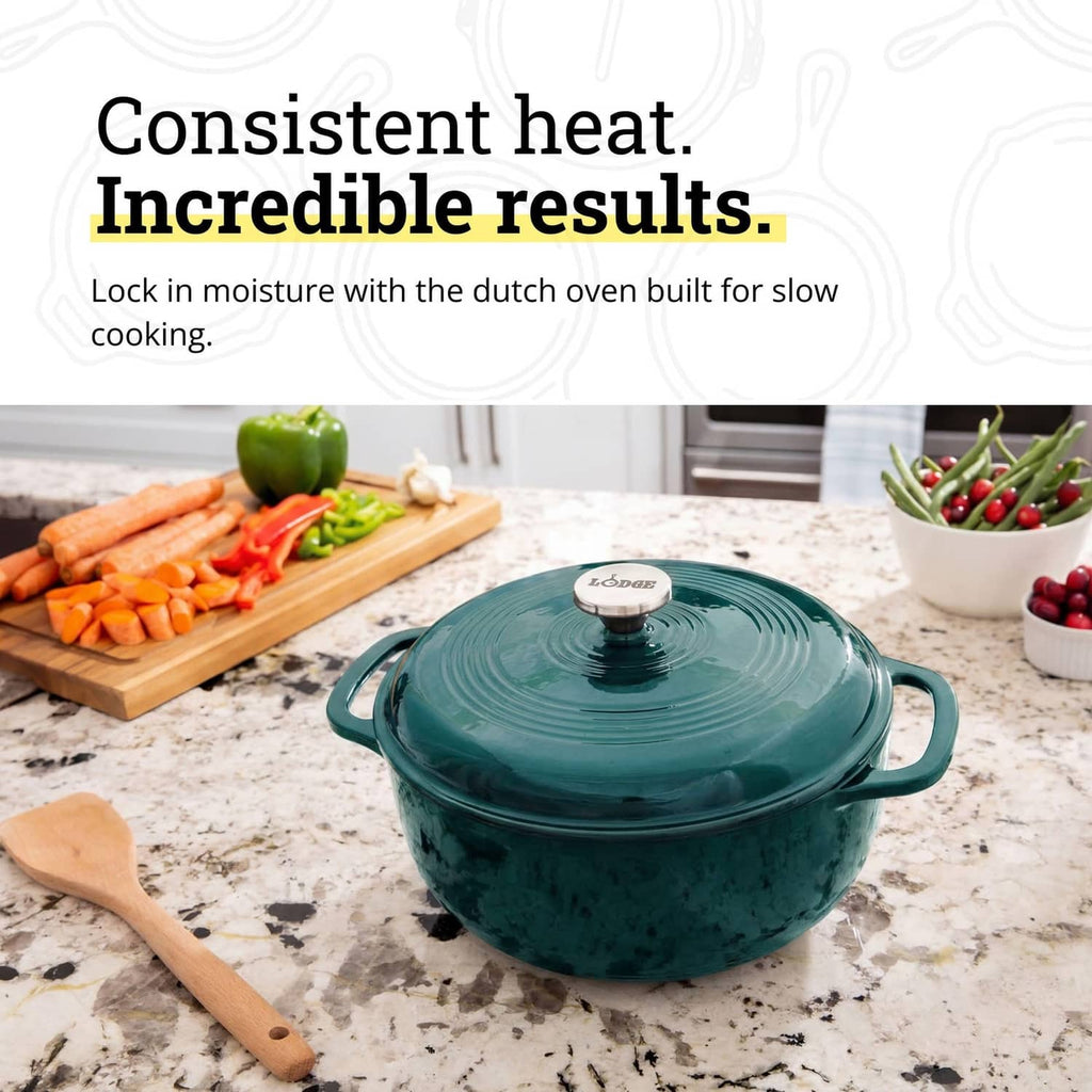 Teal enamel cast iron Dutch oven with domed lid and side handles