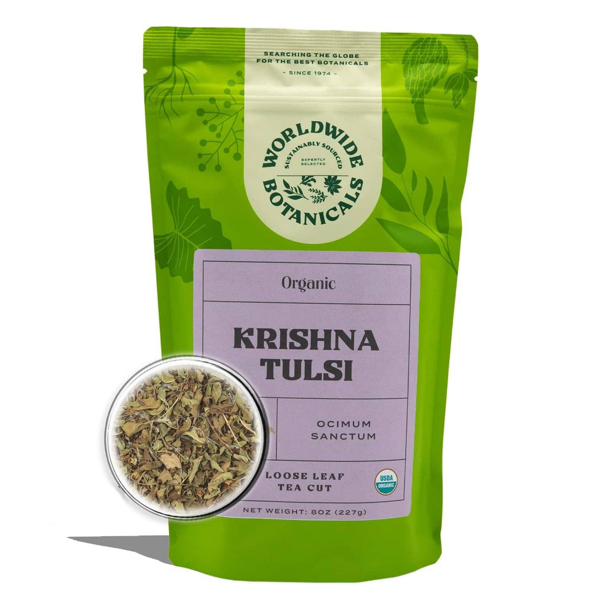 Organic Krishna Tulsi loose leaf tea in a green stand-up pouch, loose leaf cut