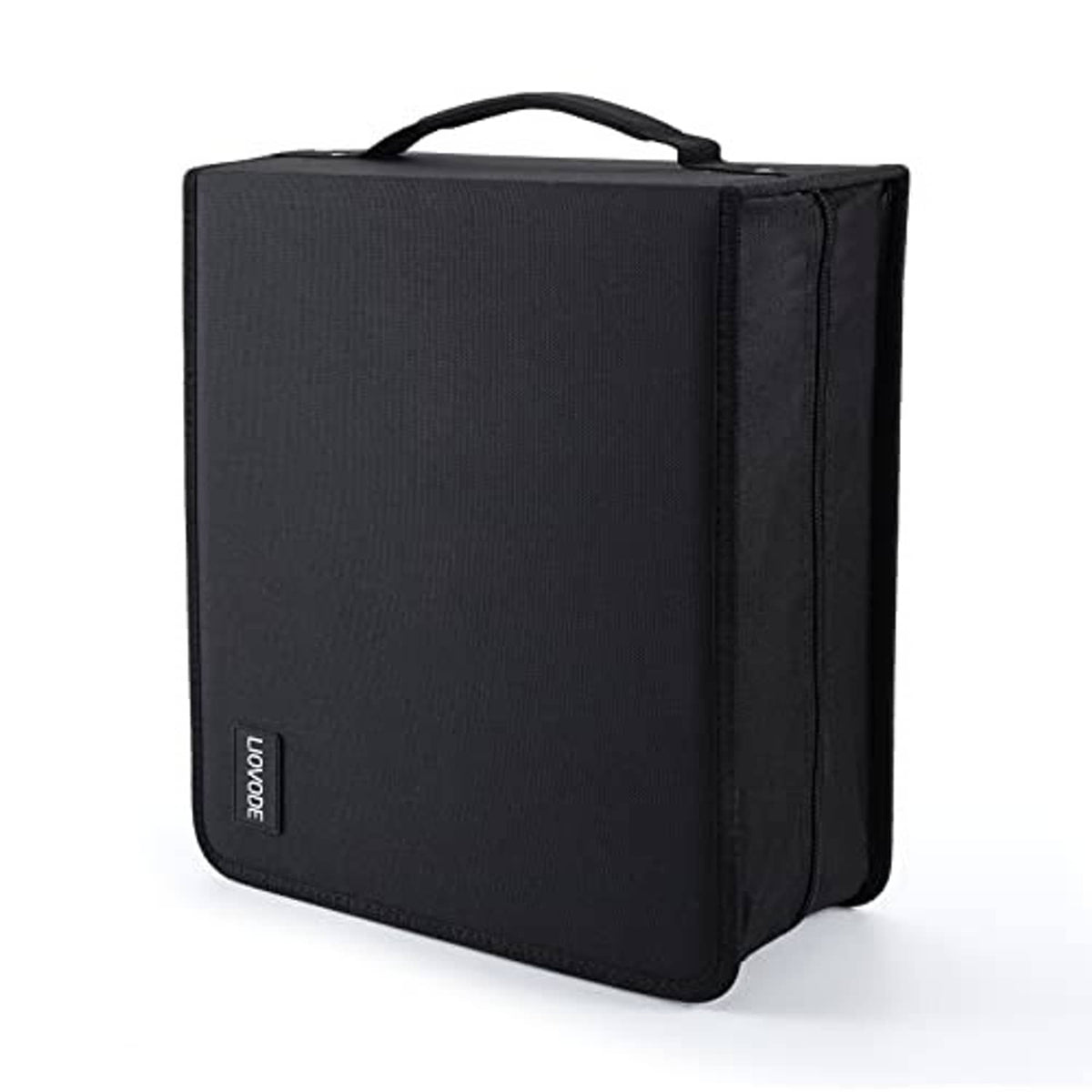 Black hard DVD storage case with carry handle and textured fabric finish